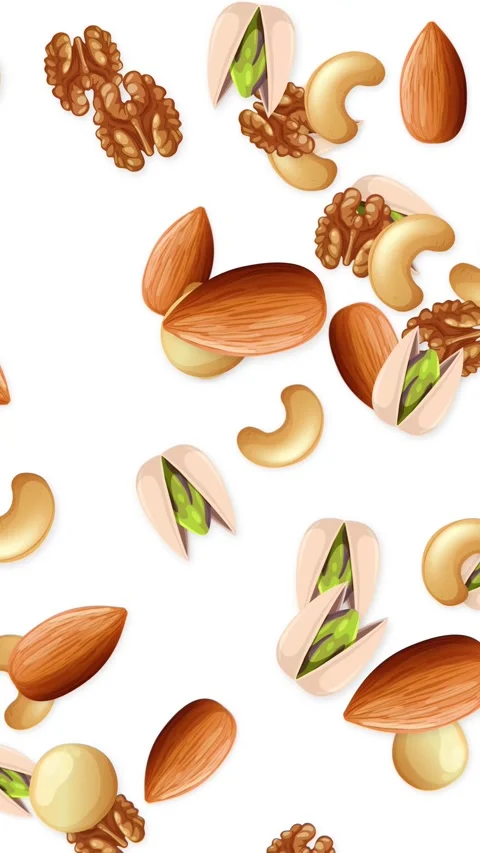 Vertical Animation of Mixed Nuts Falling Against a White Background Stock Footage 346197453