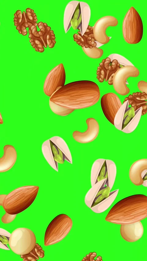 Vertical Animation of Mixed Nuts Falling Against a Green Screen Background Stock Footage 346427575