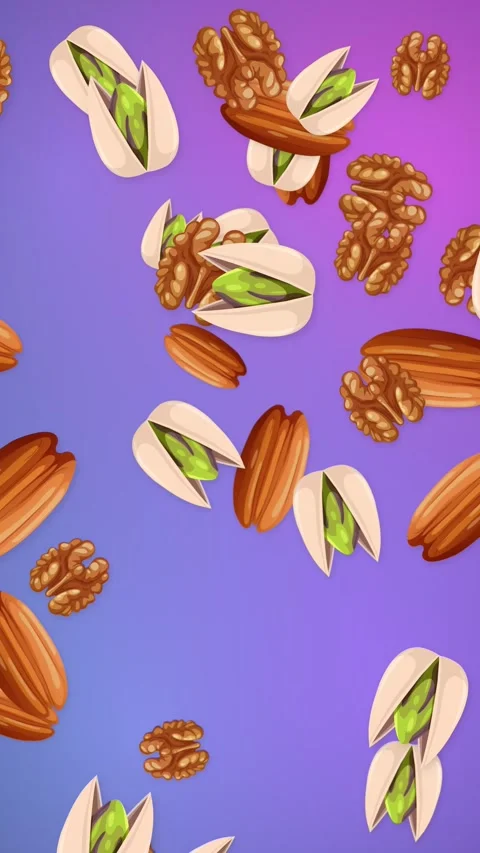 Vertical Animation of Mixed Nuts Falling Over Purple Gradient Background Stock Footage 346435697