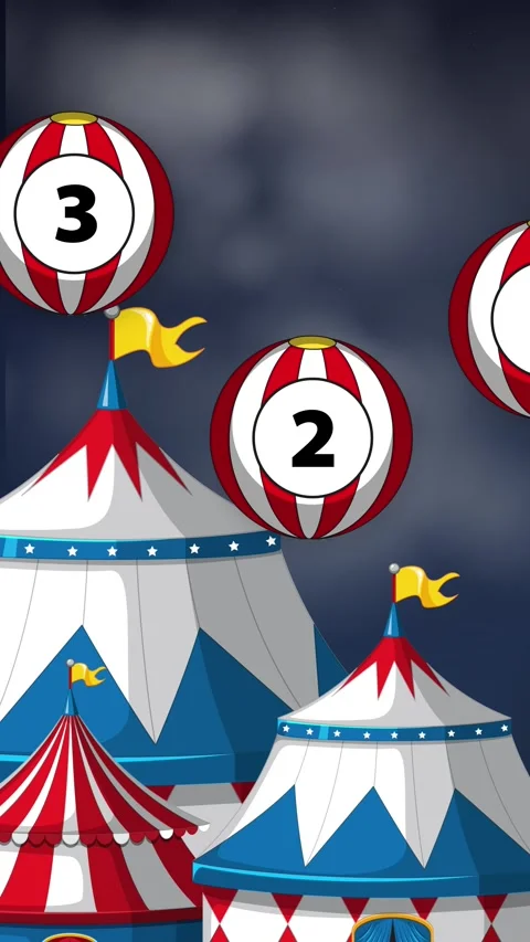 Vertical Animation of Numbered Circus Balls Floating Above Carnival Tents Stock Footage 341558728