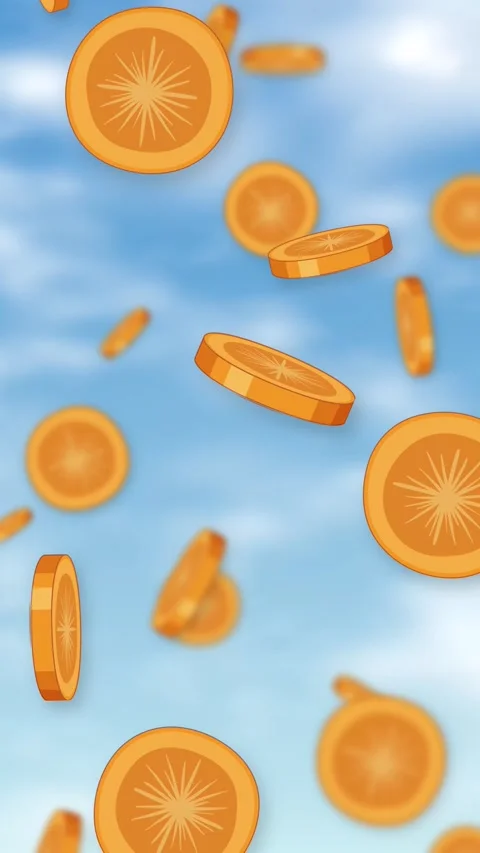 Vertical Animation of Orange Fruit Slices Falling Through Blue Sky Stock Footage 346197373