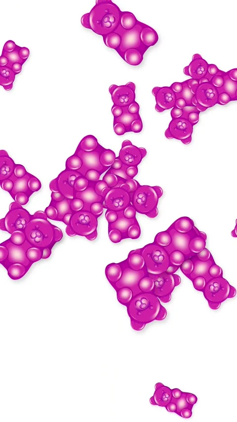 Vertical Animation of Pink Gummy Bears Falling on White Background Stock Footage 344714815
