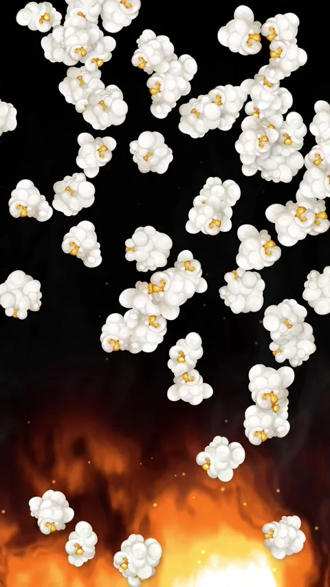 Vertical Animation of Popcorn Kernels Falling Over Intense Burning Fire Stock Footage 345208516