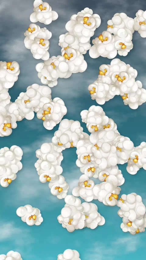 Vertical Animation of Popcorn Pieces Falling Against a Blue Cloudy Sky Stock Footage 343699053