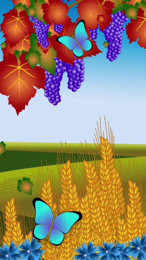 Vertical animation postcard. Two blue butterflies sit on grape autumn leaves Stock Footage 238526883