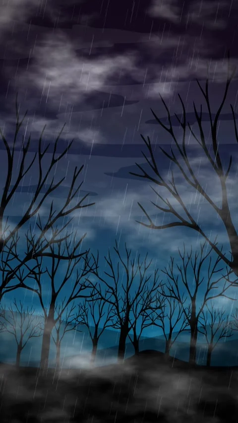 Vertical Animation of Rain Falling on a Spooky Forest at Night Stock Footage 342471060