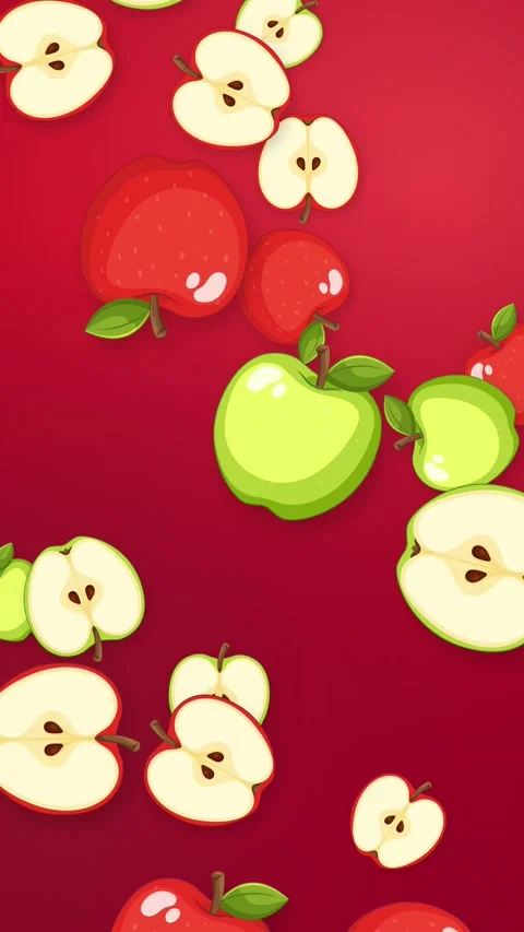 Vertical Animation of Red and Green Apples Falling on Red Background Stock Footage 345206784