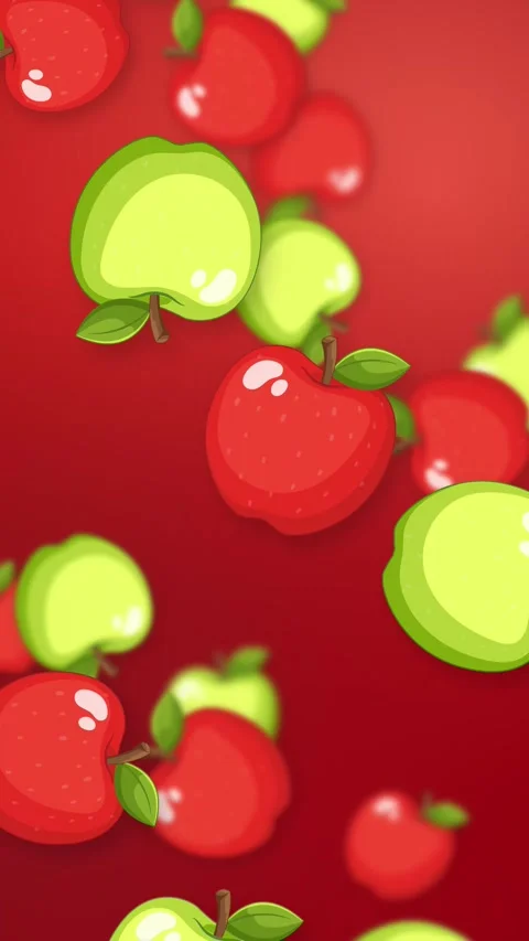 Vertical Animation of Red and Green Apples Falling on Red Background Stock Footage 345304300