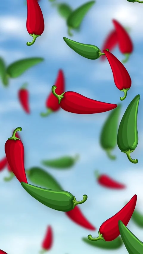 Vertical Animation of Red and Green Chili Peppers Falling Against Blue Sky Stock Footage 345308205