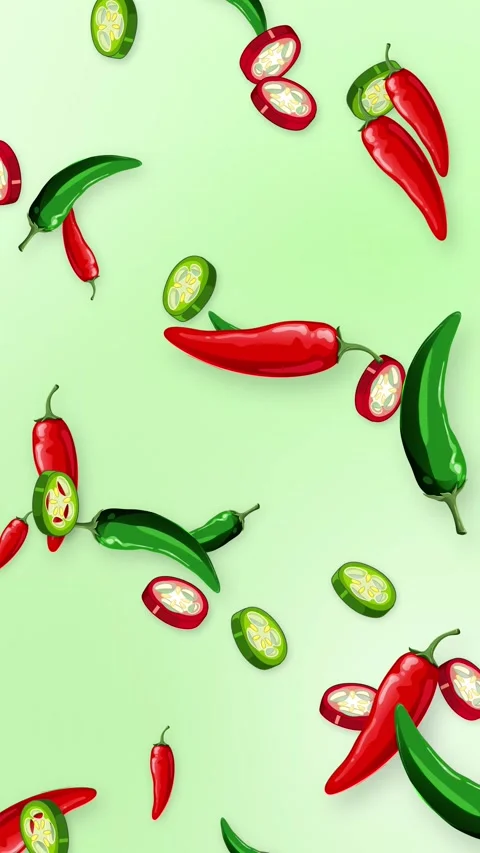Vertical Animation of Red and Green Chili Peppers Falling on Green Background Stock Footage 346114676