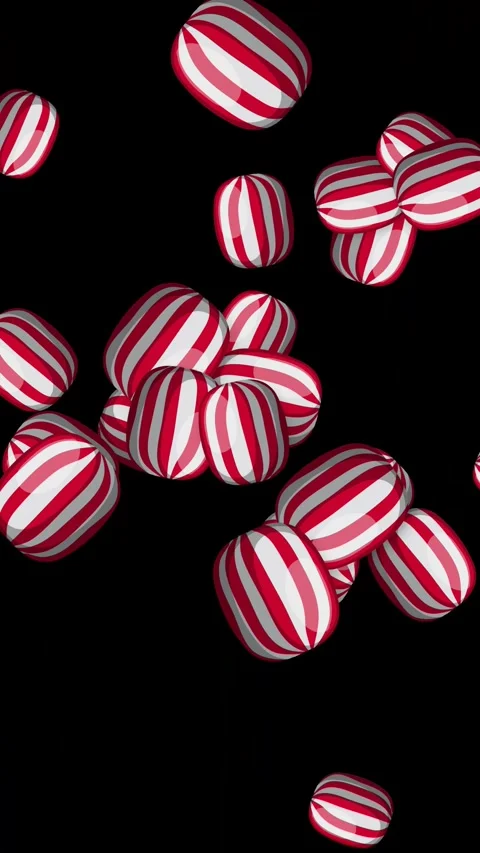 Vertical Animation of Red and White Striped Candy Falling on Black Background Stock Footage 344832147