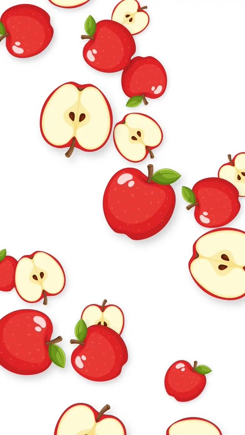 Vertical Animation of Red Apples and Slices Falling on White Background Stock Footage 345314507