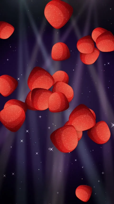 Vertical Animation of Red Candy Hearts Falling Over Glittering Purple Background Stock Footage 345307914