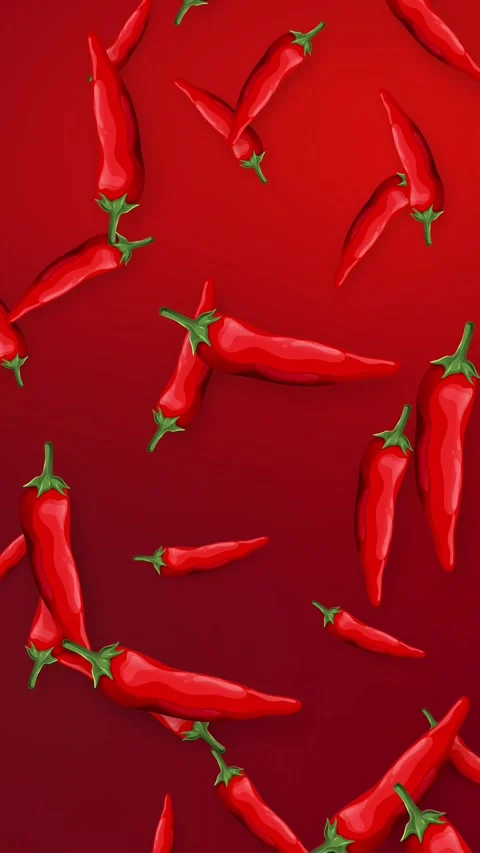 Vertical Animation of Red Chili Peppers Falling Over Red Mesh Background Stock Footage 345308254