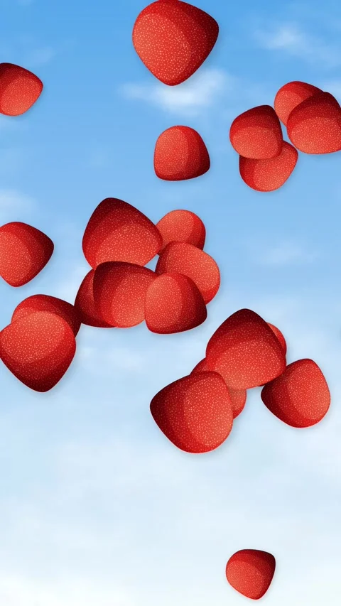 Vertical Animation of Red Gummy Candy Falling Against Blue Sky Stock Footage 344832557