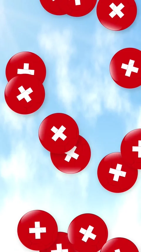 Vertical Animation of Red Soccer Balls Falling Against Cloudy Blue Sky Stock Footage 341642480
