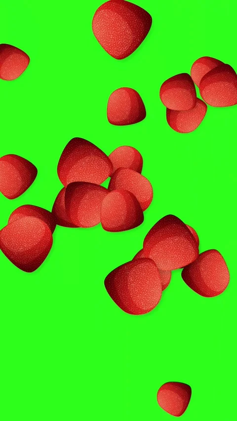 Vertical Animation of Red Strawberry Candies Falling on Green Screen Stock Footage 346571063