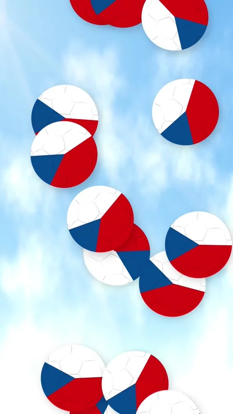Vertical Animation of Red White and Blue Soccer Balls Falling Through Clouds Stock Footage 340758444