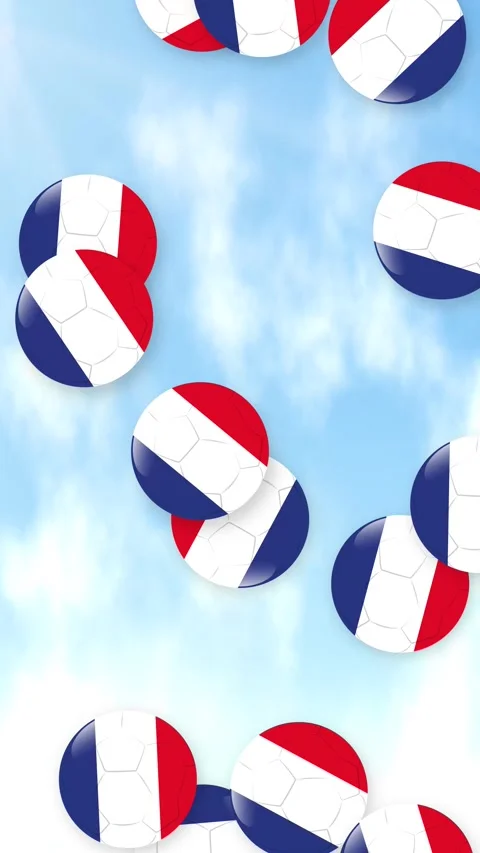 Vertical Animation of Red White and Blue Soccer Balls Falling Through Clouds Stock Footage 341541324