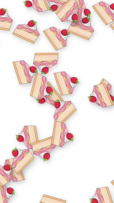 Vertical Animation of Retro Strawberry Cake Slices Falling on White Background Stock Footage 339516508