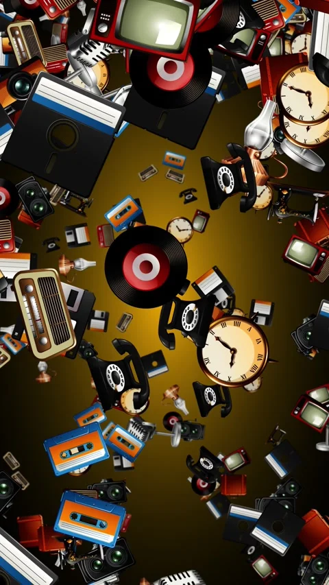 Vertical Animation of Retro Technology and Vintage Objects Falling Downward Stock Footage 329008779