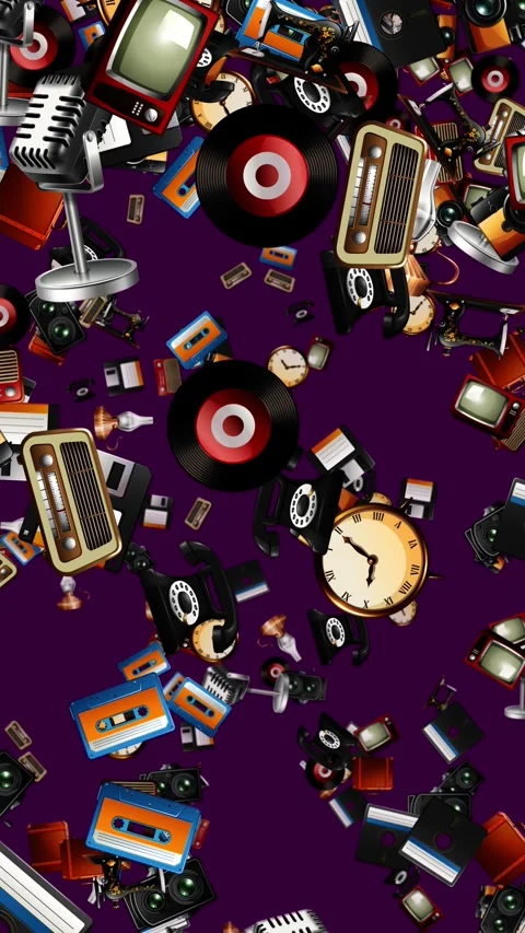 Vertical Animation of Retro Technology and Vintage Objects Falling Stock Footage 333374009