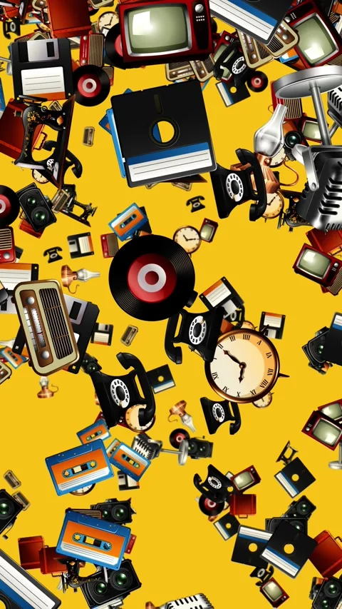 Vertical Animation of Retro Technology Objects Falling Against a Yellow Stock Footage 329008817