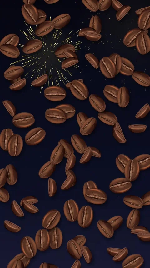 Vertical Animation of Roasted Coffee Beans Falling Over Sparking Fireworks Stock Footage 345124930