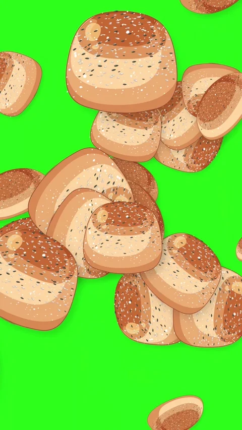 Vertical Animation of Seeded Bread Rolls Falling Against Green Screen Stock Footage 345120265