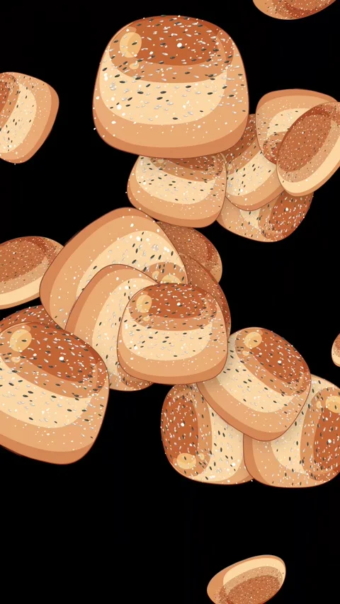 Vertical Animation of Sesame Seed Buns Falling Against Black Background Stock Footage 344937603