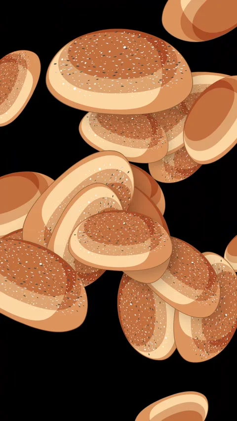Vertical Animation of Sesame Seed Burger Buns Falling Against Black Background Stock Footage 345310861