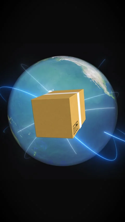 Vertical animation of a shipping box orbiting Earth with glowing routes, Stock Footage 328703315