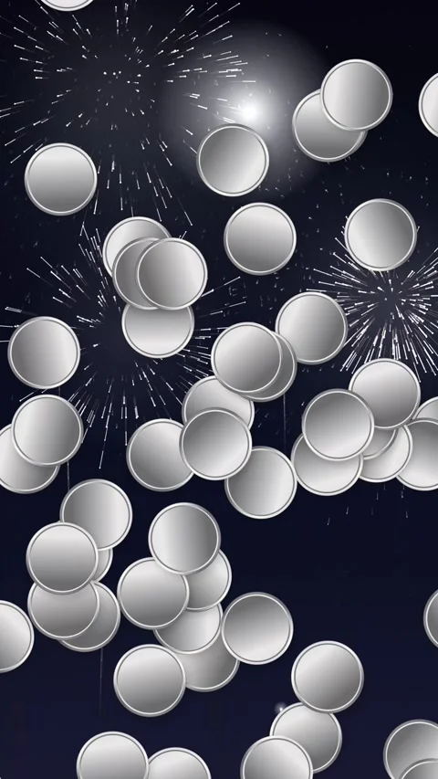 Vertical Animation of Silver Circular Objects Bursting Over Night Fireworks Stock Footage 345206473