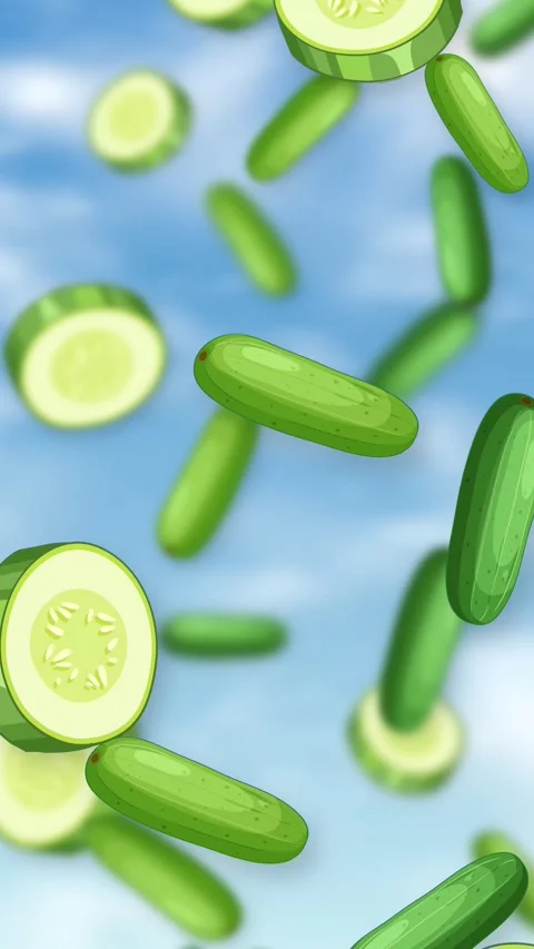 Vertical Animation of Sliced and Whole Cucumbers Falling Against Blue Sky Stock Footage 343471436