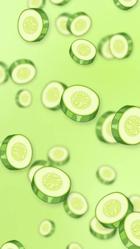 Vertical Animation of Sliced Cucumbers Falling Against a Green Background Stock Footage 342470950