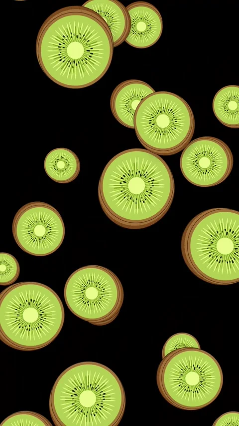Vertical Animation of Sliced Kiwi Fruit Falling Against Black Background Stock Footage 345707768