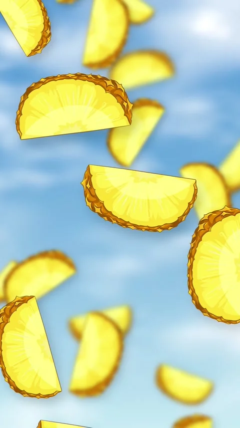 Vertical Animation of Sliced Pineapple Pieces Falling Against Blue Sky Stock Footage 342722056