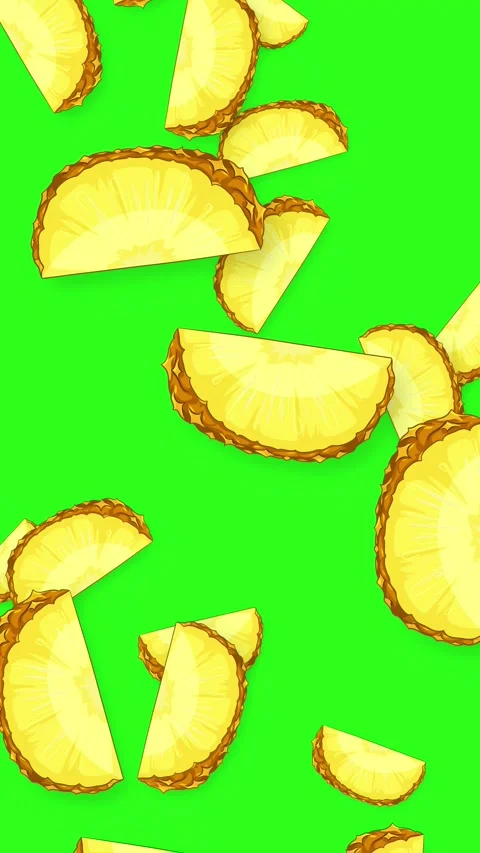 Vertical Animation of Sliced Pineapple Pieces Falling on Green Background Stock Footage 343830824