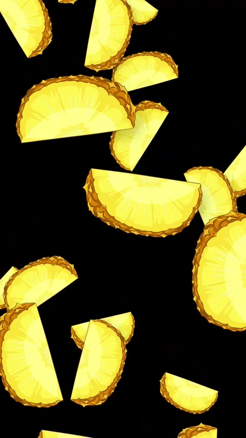 Vertical Animation of Sliced Pineapple Pieces Falling Against Black Background Stock Footage 345311169