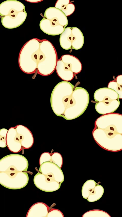 Vertical Animation of Sliced Red and Green Apples Falling on Black Background Stock Footage 345314517