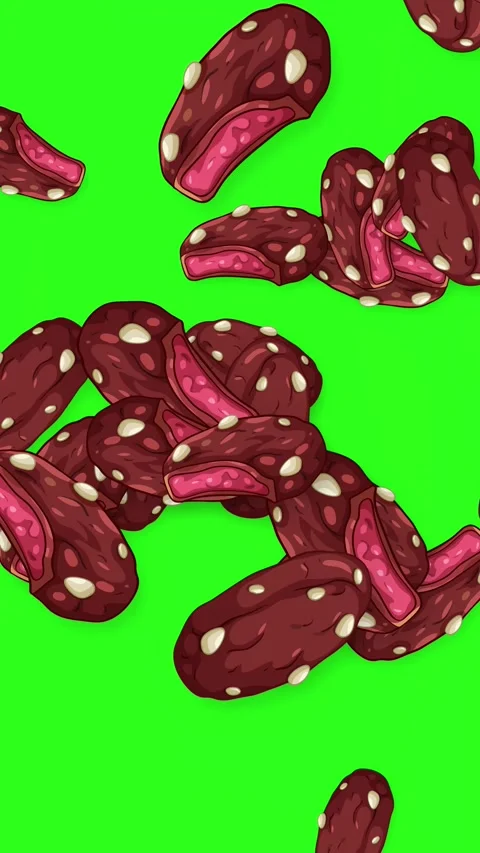 Vertical Animation of Sliced Salami and Sausage Falling on Green Screen Stock Footage 344848572
