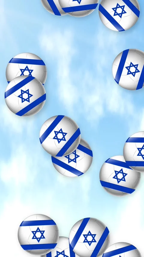 Vertical Animation of Soccer Balls with Blue Star Pattern Falling Through Clouds Stock Footage 345206752
