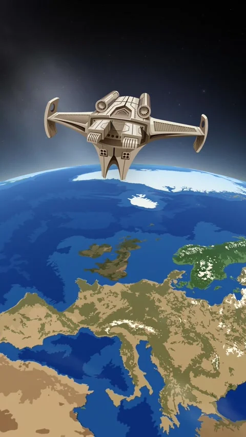 Vertical Animation of a Spaceship Orbiting Planet Earth and Moon Stock Footage 344717573