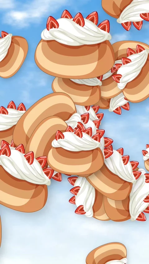 Vertical Animation of Strawberry Cream Pastries Falling Through a Blue Sky Video stock 344231237