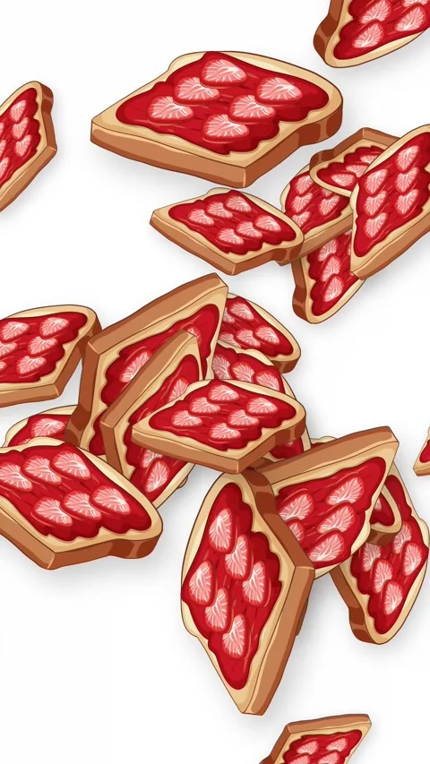 Vertical Animation of Strawberry Jam Toast Slices Falling on White Background Stock Footage 345197971