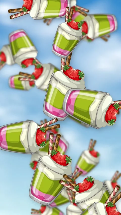 Vertical Animation of Strawberry Matcha Parfait Cups Falling Through Blue Sky Stock Footage 343699187