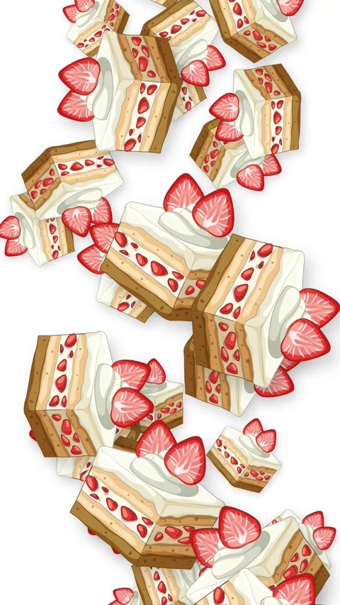 Vertical Animation of Strawberry Shortcake Slices Falling on White Background Stock Footage 342467896