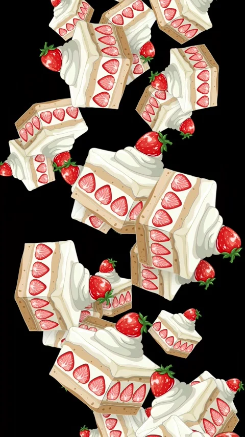 Vertical Animation of Strawberry Shortcake Slices Falling on Black Background Stock Footage 344617080