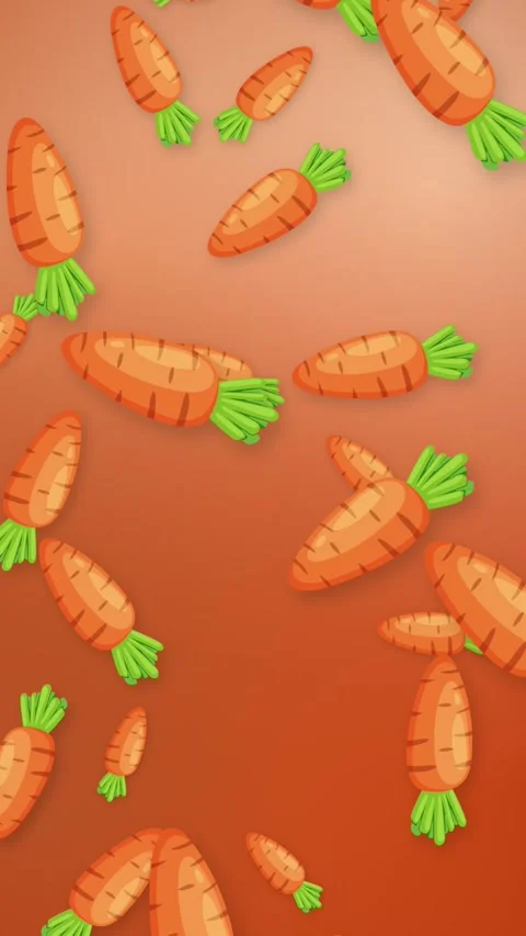 Vertical Animation of Stylized Carrots Falling Against an Orange Mesh Background Stock Footage 342207358