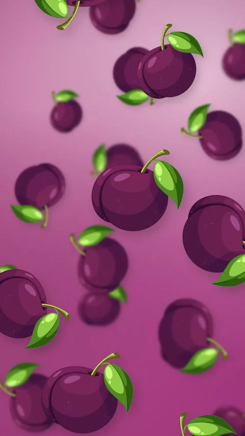 Vertical Animation of Stylized Purple Plums Falling Against a Pink Background Stock Footage 345311356